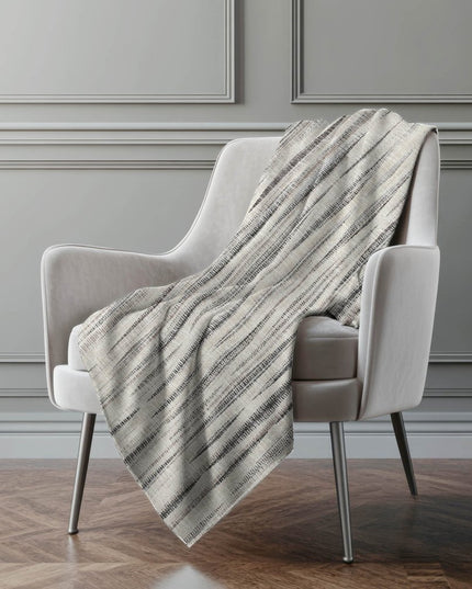 50" X 70" Beige And Charcoal Striped Polyester Woven Plush Throw Blanket