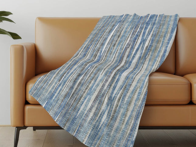 50" X 70" Blue And Beige Striped Polyester Woven Plush Throw Blanket