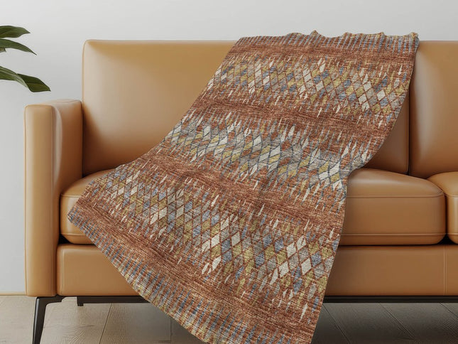50" X 70" Cinnamon Gold And Blue Geometric Polyester Woven Plush Throw Blanket