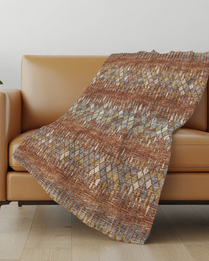 50" X 70" Cinnamon Gold And Blue Geometric Polyester Woven Plush Throw Blanket