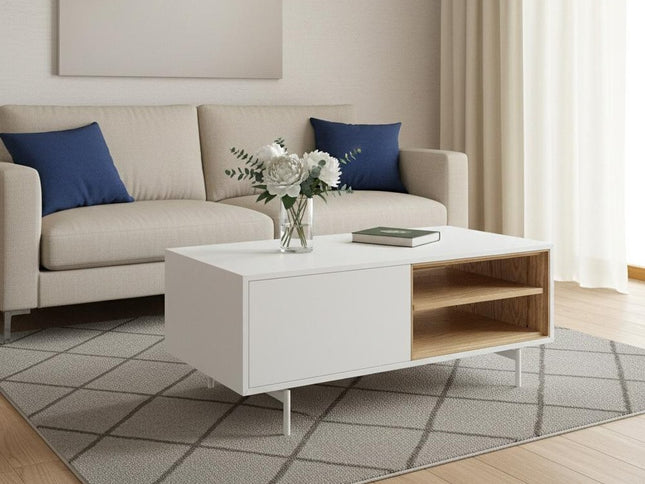 47" White Wood and Steel Coffee Table With Two Shelves