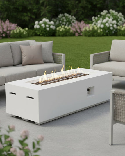 60000 BTU 60" White Magnesium Oxide Propane Rectangular Fire Pit With Cover