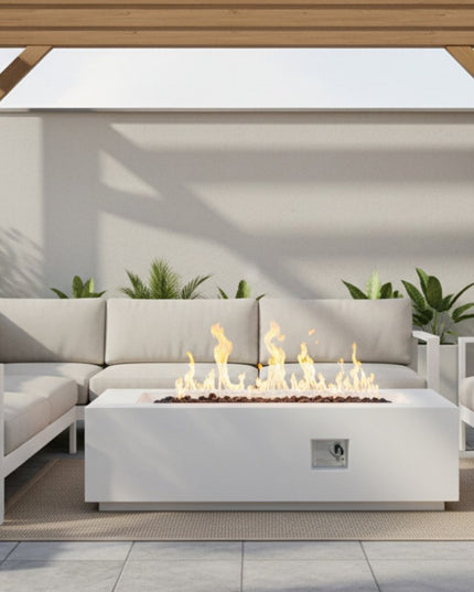 60000 BTU 60" White Magnesium Oxide Propane Rectangular Fire Pit With Cover