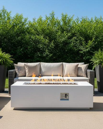 60000 BTU 60" White Magnesium Oxide Propane Rectangular Fire Pit With Cover