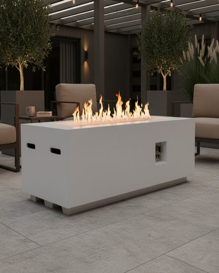 60000 BTU 60" White Magnesium Oxide Propane Rectangular Fire Pit With Cover