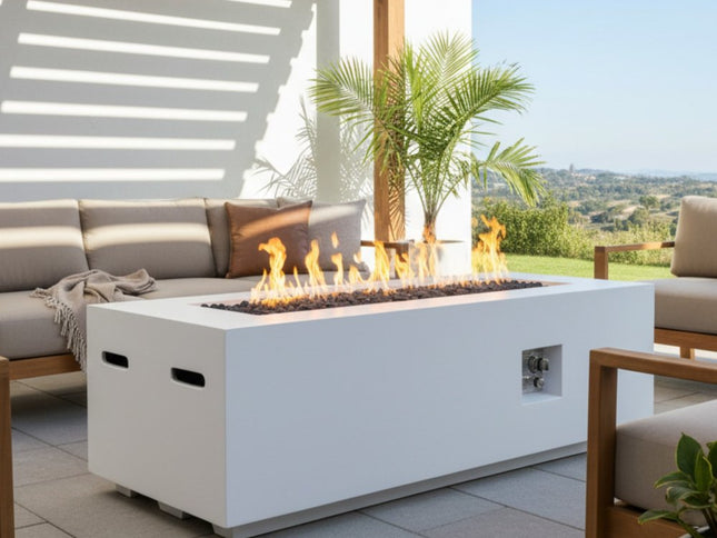 60000 BTU 60" White Magnesium Oxide Propane Rectangular Fire Pit Table With Cover