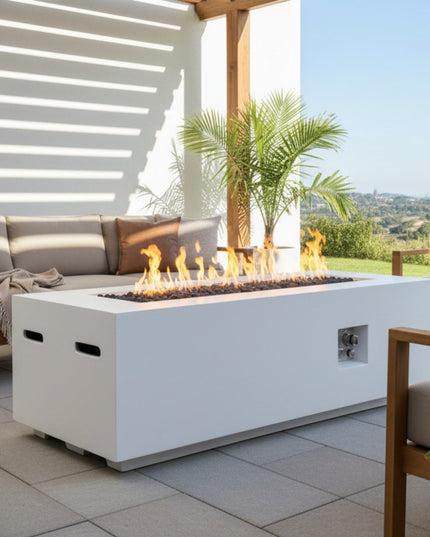 60000 BTU 60" White Magnesium Oxide Propane Rectangular Fire Pit With Cover