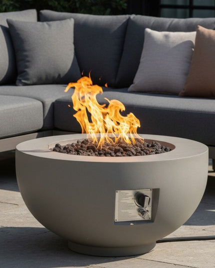 40000 BTU 28" Gray Magnesium Oxide Propane Round Fire Pit Table With Cover