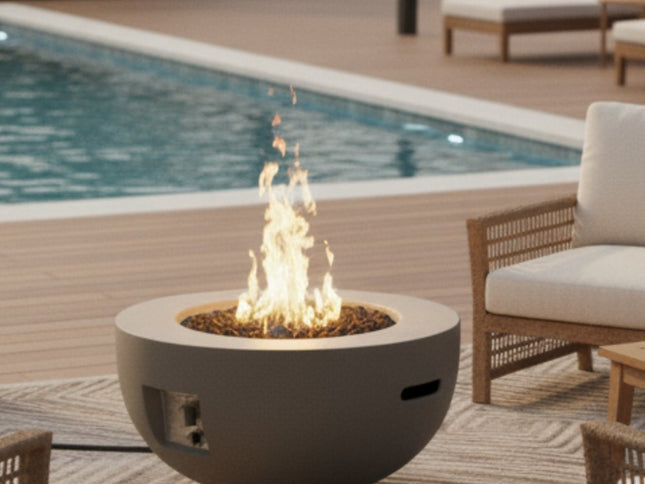 40000 BTU 28" Gray Magnesium Oxide Propane Round Fire Pit Table With Cover