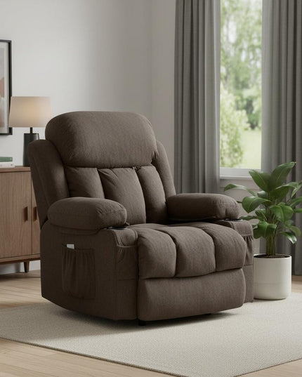 40" Brown Tufted Polyester Blend Heated Massage Swivel Rocker Recliner With USB