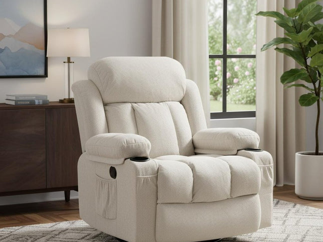 40" Beige Tufted Polyester Blend Heated Massage Swivel Rocker Recliner With USB