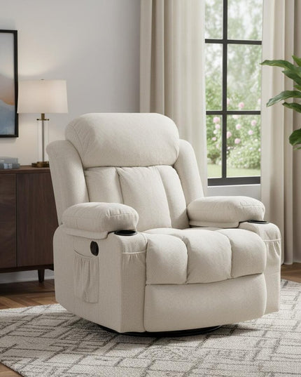 40" Beige Tufted Polyester Blend Heated Massage Swivel Rocker Recliner With USB