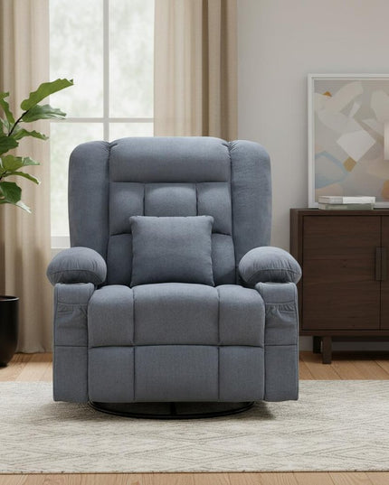 38" Blue Tufted Cotton Blend Heated Massage Manual Swivel Recliner With USB