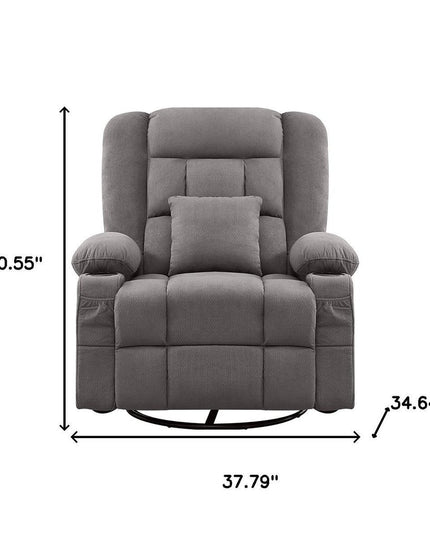 38" Gray Tufted Polyester Blend Heated Massage Swivel Rocker Recliner With USB