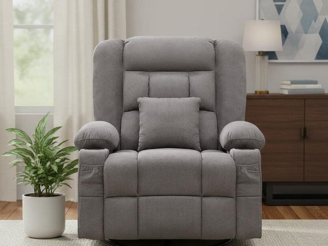 38" Gray Tufted Polyester Blend Heated Massage Swivel Rocker Recliner With USB