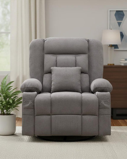 38" Gray Tufted Polyester Blend Heated Massage Swivel Rocker Recliner With USB