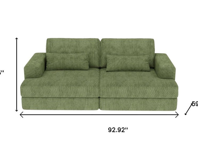 93" Green Corduroy Modular Stainless Steel Sleeper Sofa With Toss Pillows