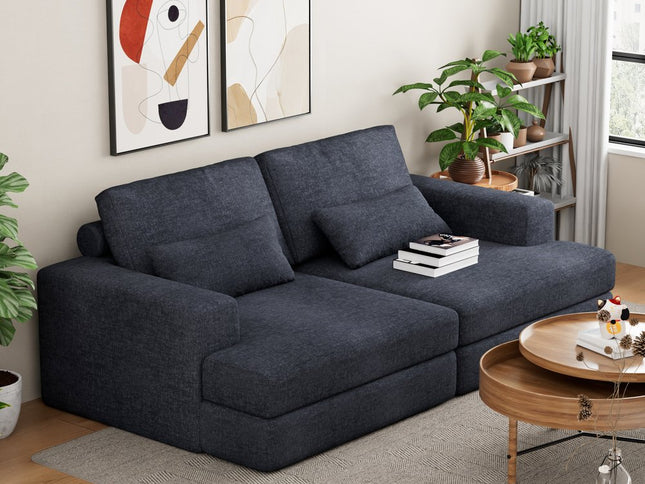 93" Blue Chenille Modular Stainless Steel Sleeper Sofa With Toss Pillows