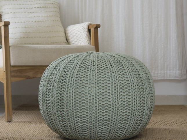20" Green Cotton Cable Knit Round Pouf Ottoman