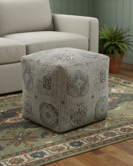 18" Gray Upholstery Medallion Pouf Ottoman