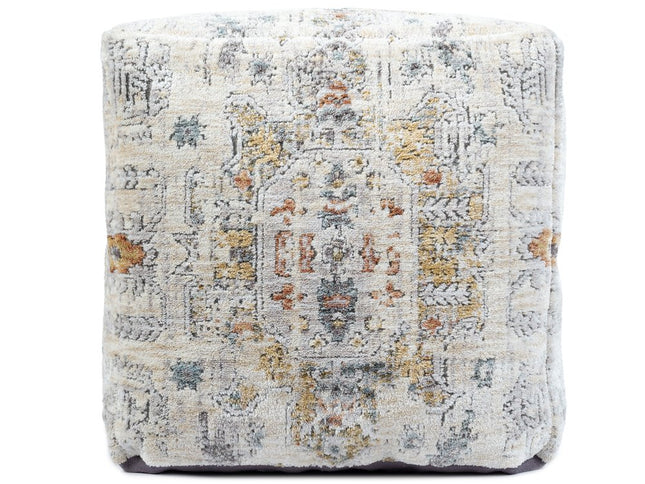 18" Ivory and Light Gray Upholstered Medallion Pouf Ottoman