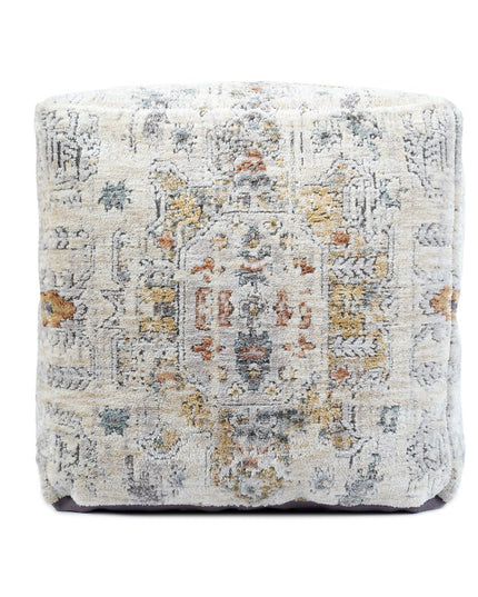18" Ivory and Light Gray Upholstered Medallion Pouf Ottoman