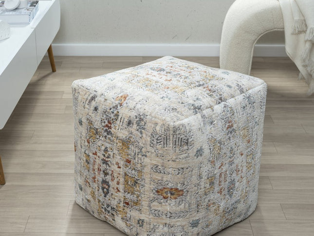 18" Ivory and Light Gray Upholstered Medallion Pouf Ottoman