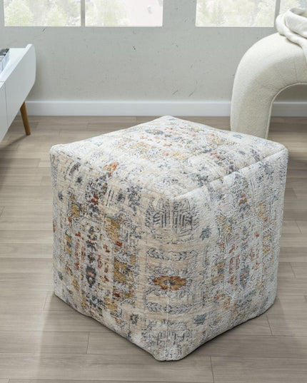18" Ivory and Light Gray Upholstered Medallion Pouf Ottoman