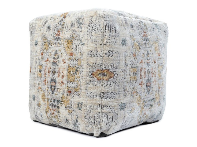 18" Ivory and Light Gray Upholstered Medallion Pouf Ottoman