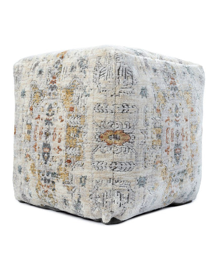18" Ivory and Light Gray Upholstered Medallion Pouf Ottoman