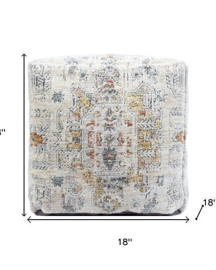 18" Ivory and Light Gray Upholstered Medallion Pouf Ottoman