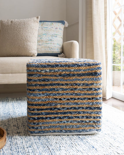 18" Beige and Blue Cotton And Jute Striped Pouf Ottoman
