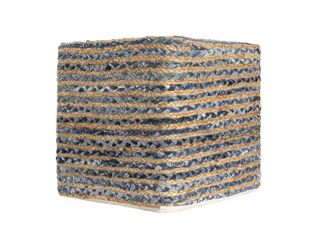 18" Beige and Blue Cotton And Jute Striped Pouf Ottoman