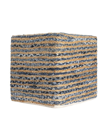 18" Beige and Blue Cotton And Jute Striped Pouf Ottoman
