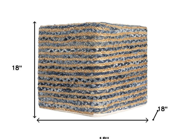 18" Beige and Blue Cotton And Jute Striped Pouf Ottoman