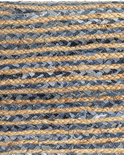 18" Beige and Blue Cotton And Jute Striped Pouf Ottoman