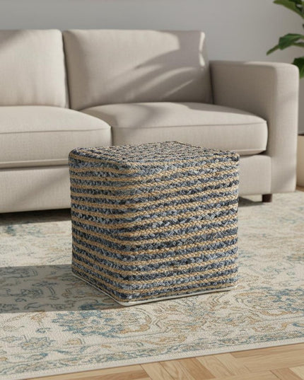 18" Beige and Blue Cotton And Jute Striped Pouf Ottoman