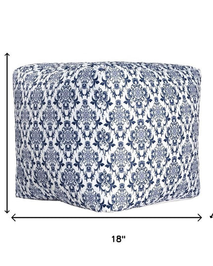 18" Blue and White Upholstered Floral Pouf Ottoman