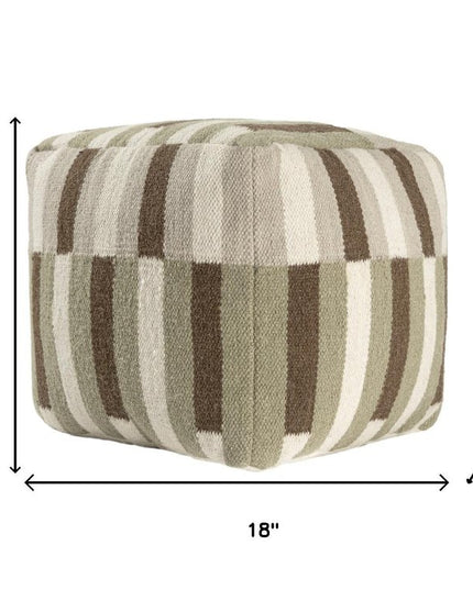 18" Brown Ivory And Khaki Brown Woven Geometric Pouf Ottoman