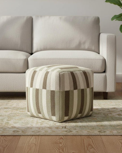 18" Brown Ivory And Khaki Brown Woven Geometric Pouf Ottoman