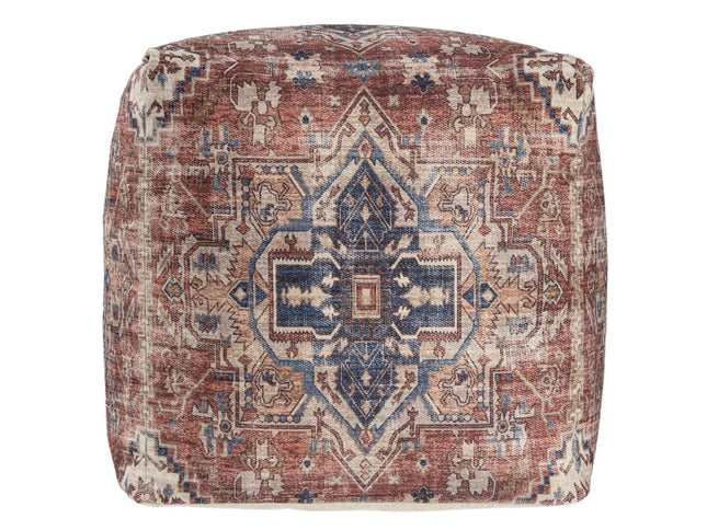 18" Navy Blue and Terra Cotta Upholstered Medallion Pouf Ottoman