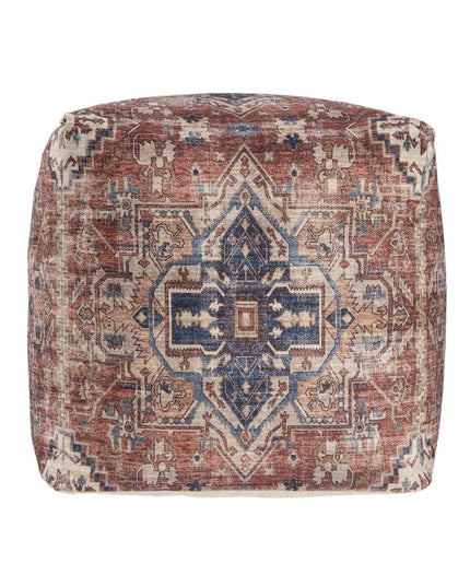 18" Navy Blue and Terra Cotta Upholstered Medallion Pouf Ottoman