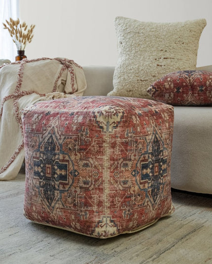 18" Navy Blue and Terra Cotta Upholstered Medallion Pouf Ottoman