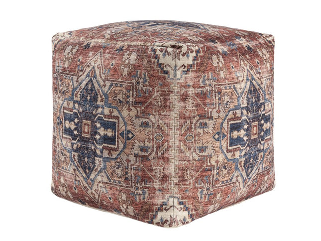 18" Navy Blue and Terra Cotta Upholstered Medallion Pouf Ottoman