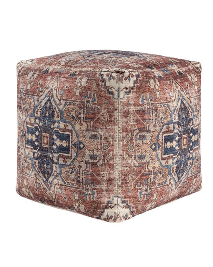 18" Navy Blue and Terra Cotta Upholstered Medallion Pouf Ottoman