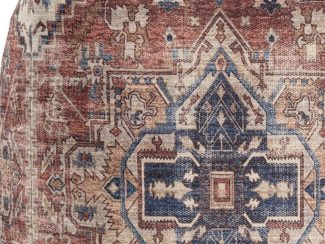 18" Navy Blue and Terra Cotta Upholstered Medallion Pouf Ottoman