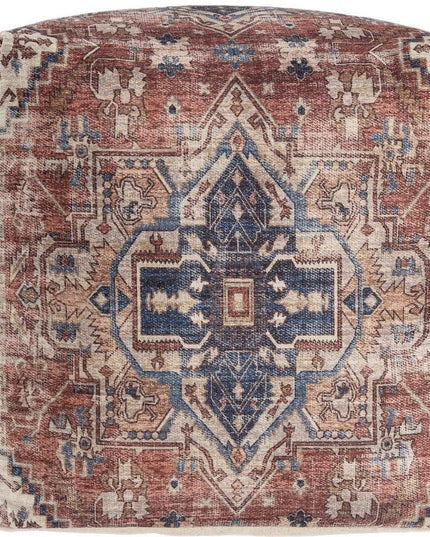 18" Navy Blue and Terra Cotta Upholstered Medallion Pouf Ottoman