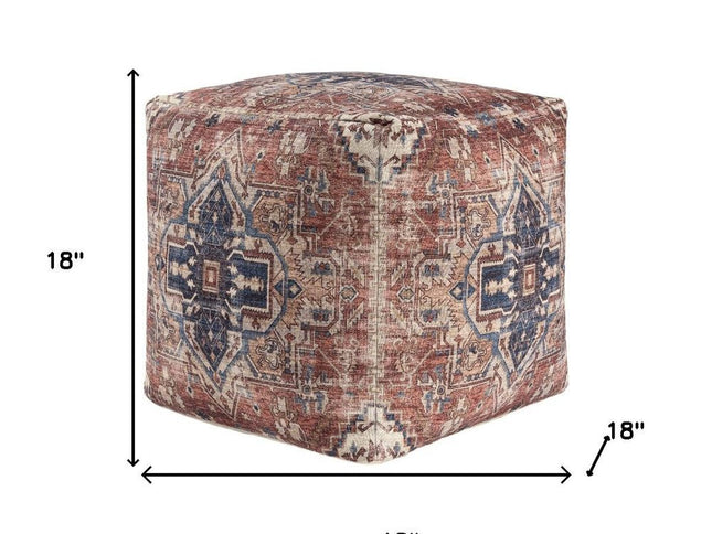 18" Navy Blue and Terra Cotta Upholstered Medallion Pouf Ottoman