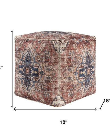 18" Navy Blue and Terra Cotta Upholstered Medallion Pouf Ottoman