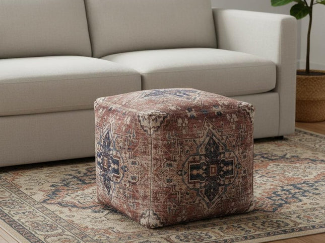 18" Navy Blue and Terra Cotta Upholstered Medallion Pouf Ottoman